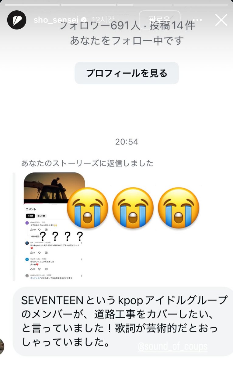 승철이가 커버해보고 싶다고 한 이후로 팬들이 노래 들으러 가서 댓글을 많이 남겨서 원곡자분이 놀라고 기뻐하는거 넘 귀여우시다 
승철아 커버해주면 쇼님이 넘 행복하실거 같대😆