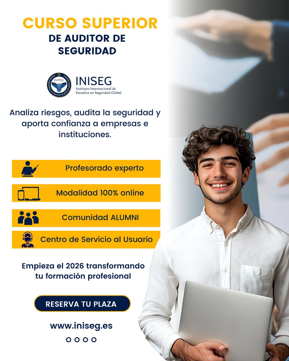 IGCFormacionyAS's tweet photo. 🎓 Curso Superior de Auditor de Seguridad.
⏱️ Duración: 6 meses.
💻 Modalidad: 100% Online (Flexibilidad total).
🚀 Convocatoria: ABIERTA. Sin fechas de espera.
💡Los miembros de IGC disfrutan de condiciones preferenciales y beneficios en la matrícula.
#IGC #TuEresIGC #INISEG https://t.co/7SV9lM6iHt
