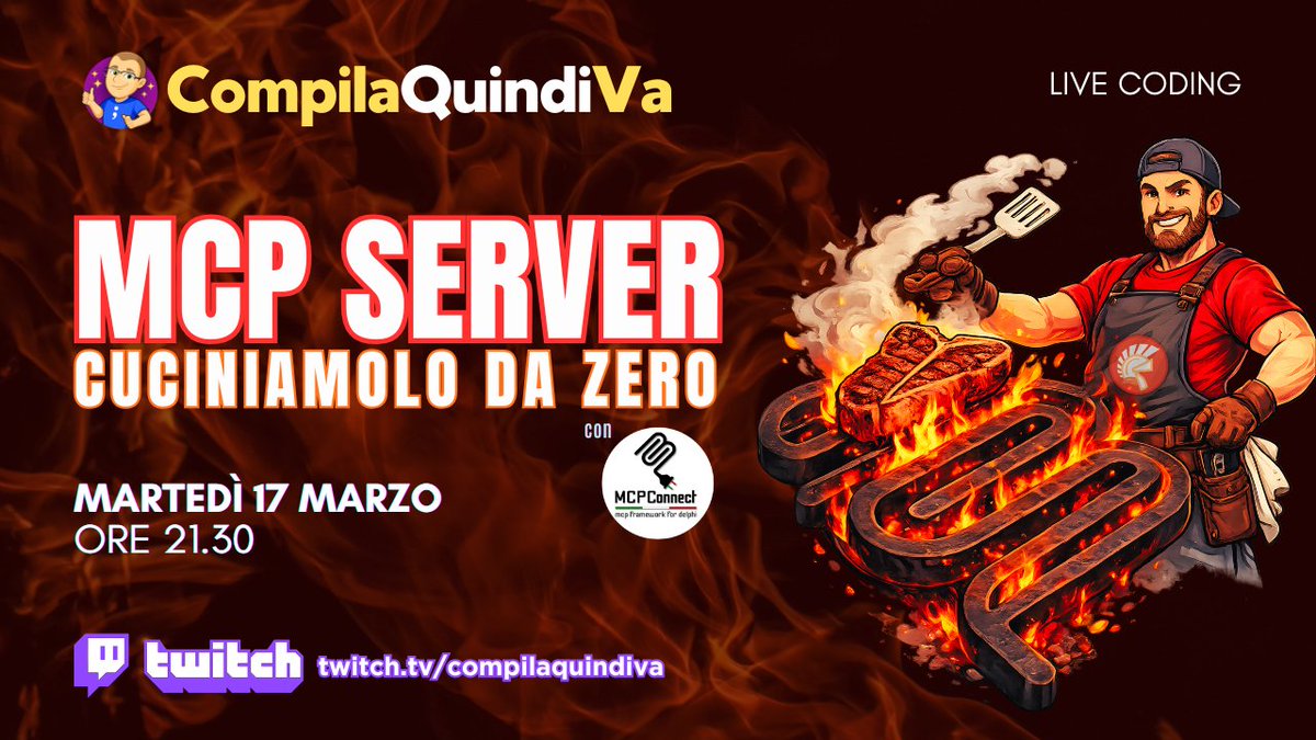 CompilaQuindiVa's tweet photo. Questa sera alle 21:30 esperimento live! Tema: #MCP (Model Context Protocol) e #LLM. Proviamo a capire come funziona e costruiamo un server MCP in #Delphi usando la libreria #MCPConnect. 🔥 E' la prima volta che la uso, quindi tenete vicino l'estintore! 😜 https://t.co/SIXOLSM007 https://t.co/2gQyfePkSi