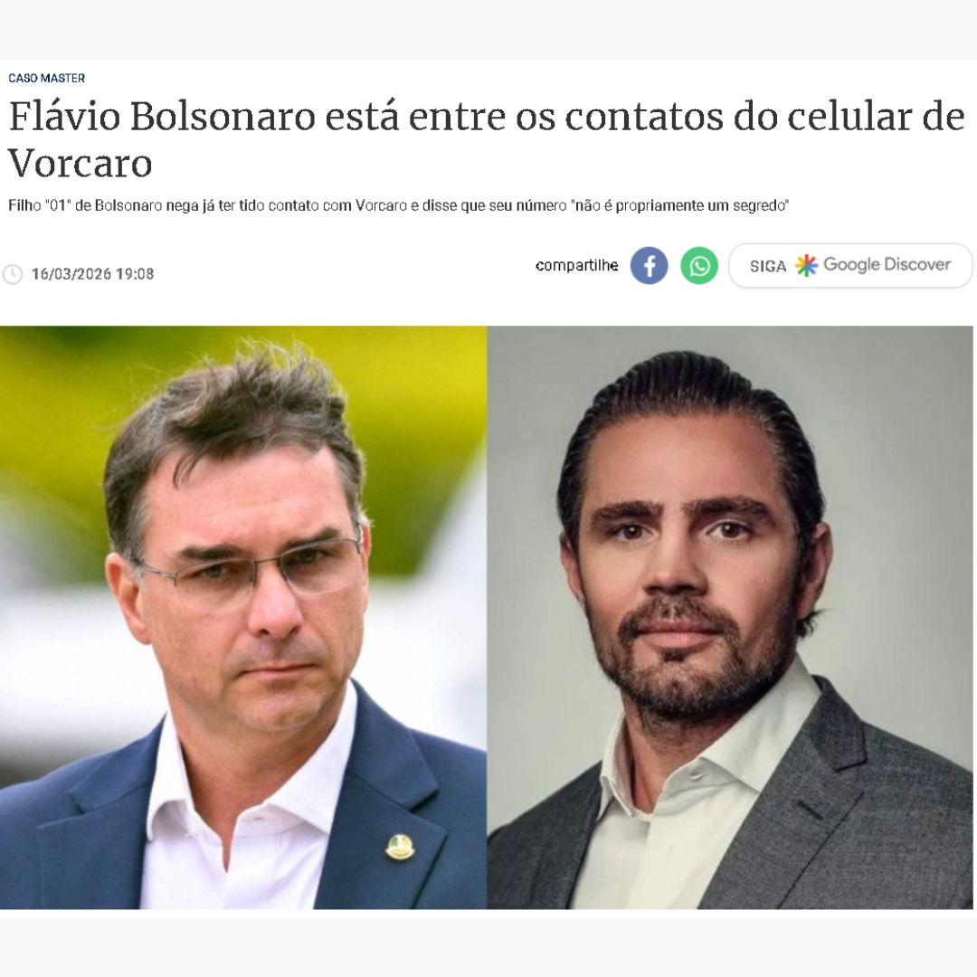 Mas quem poderia imaginar...

Quer dizer que o meu amigo Flávio está entre os contatos do celular do dono do Banco Master.

É por isso que  ficou caladinho, <a href="/FlavioBolsonaro/">Flávio Bolsonaro</a>?

Eu quero muito ver o xadrez 4D kkkkkk