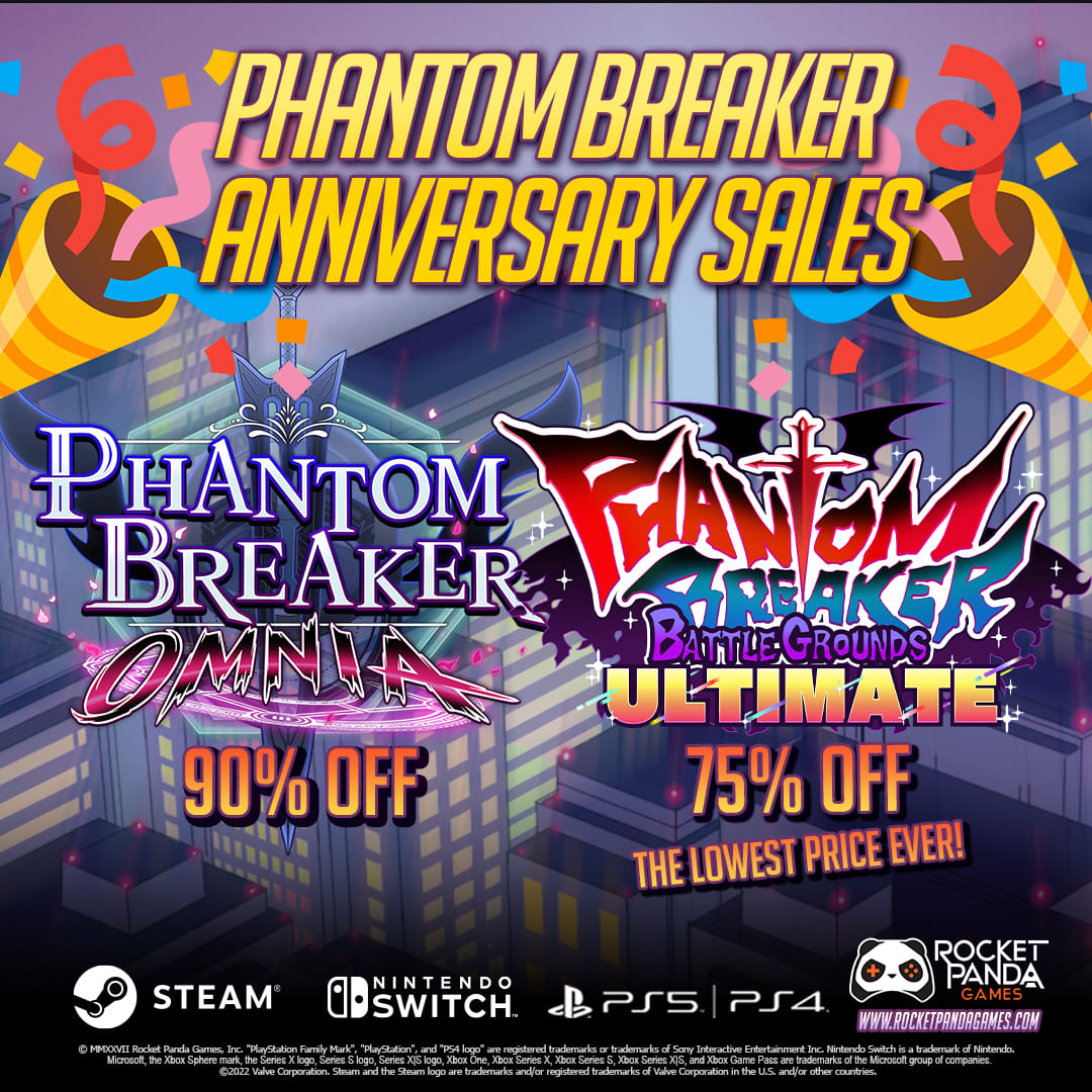 RocketPandaJA's tweet photo. 🎉ファントムブレイカー記念セール開催中 🐼💥

#PBO と #PBBGU が
Steam / PlayStation / Nintendo Switch でセール中！

1周年を記念して、
PBBGUは過去最安値で登場！この機会をお見逃しなく💥

PlayStation &amp; Switch：3/25まで
Steam：3/19 ～ 3/26

🛒 https://t.co/E6POz3GHC0

#PBAnniversary https://t.co/TwnyBpGyOW