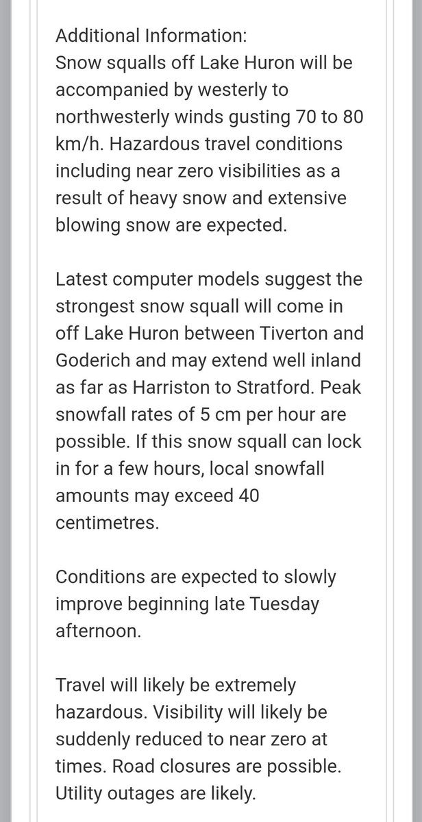 WxOntario1's tweet image. SNOW SQUALL WARNING- ORANGE LEVEL ISSUED for areas east of Lake #Huron

- Local snowfall amounts of 20-40cm, some areas may exceed 40cm
- Near zero visibility 
- Wind gusts 70-80km/hr
- Peak snowfall rates of 5cm/hr
- Strongest snow squall will come in off Lake Huron between