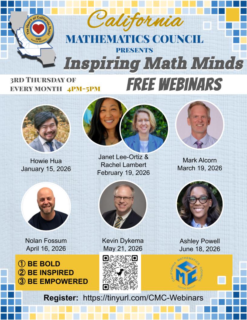 CMCCentralMath's tweet photo. Free Math PD Opportunity!
Join the Inspiring Math Minds webinar series from the California Mathematics Council—held the 3rd Thursday each month, 4–5 PM. Learn from inspiring math educators and connect with the community!

@cmcmath.bsky.social @CAMathCouncil #iTeachMath https://t.co/p2WJHXbsRo