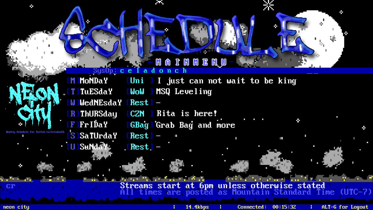 Here's this weeks schedule