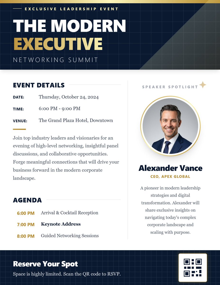 docudesign_'s tweet photo. Experimenting with AI-generated marketing flyers for small businesses.

This executive event flyer came from a single prompt.

The text and images can be easily swapped or edited.

Would something like this be useful for promotions? https://t.co/qo9x51vtcj