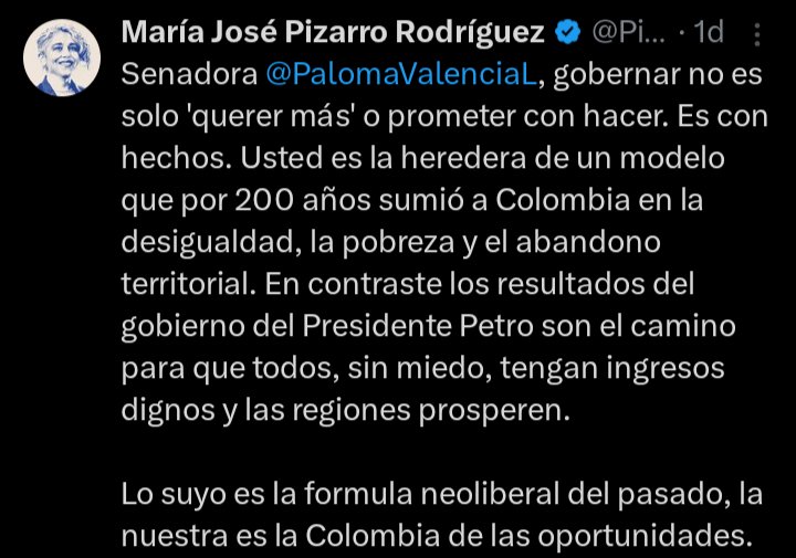 Señora <a href="/PizarroMariaJo/">María José Pizarro Rodríguez</a>, cuando vaya a hablar de herencias y pasados oscuros, recuerde que usted y su hermana <a href="/delmarpizarro/">Mar Pizarro</a> son herederas de Carlos Pizarro Leongómez, asesino y terrorista del M-19 y del genocida de su tío Hernando Pizarro Leongómez, quien masacró a 164 personas
