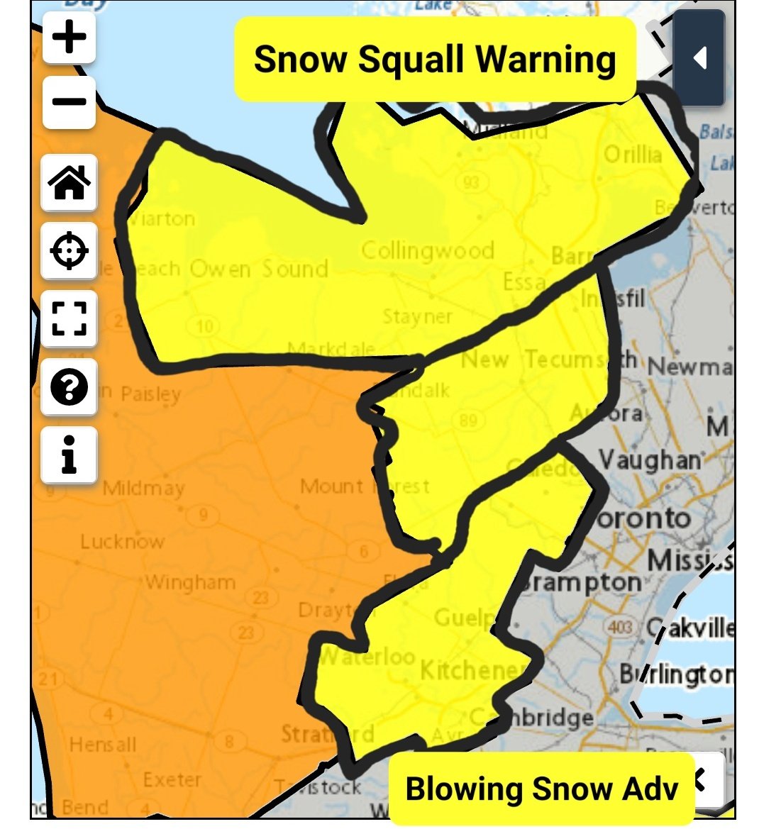 WxOntario1's tweet image. Additional Alerts Issued from Environment Canada 👇

SNOW SQUALL WARNING- YELLOW LEVEL for areas SE of #GeorgianBay and #Dufferin County: 15-30cm of snow locally, 70km/hr wind gusts

BLOWING SNOW ADVISORY- YELLOW LEVEL for #Kitchener, #Cambridge, #Guelph and #Celdon areas: up to