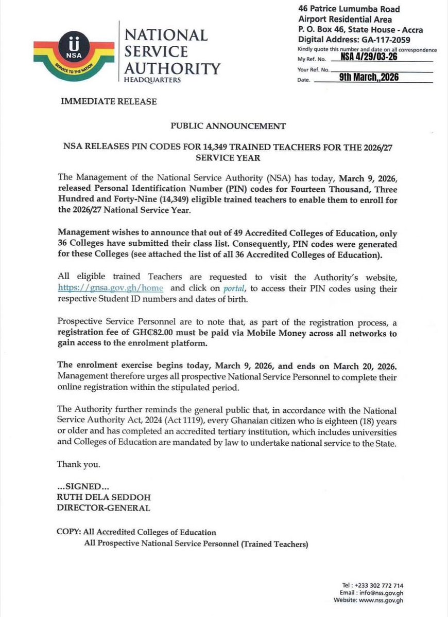 Knustcampus's tweet photo. 📍📍 ATTENTION 📍📍

The Management of the National Service Authority has released PIN codes for trained teachers to enable them enrol for the 2026/2027 National Service year.
All eligible trained teachers are advised to access their PIN codes and proceed with the registration https://t.co/C0OhV1k7St