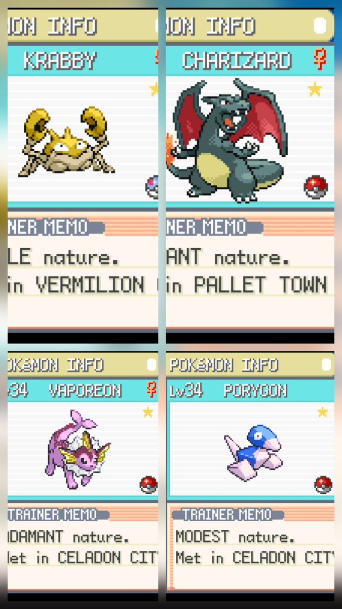 twin229's tweet photo. Current shiny team (i was going for a staryu and ended up with a krabby) all RNG'd. Having fun with #LeafGreen
@Pokemon https://t.co/5rUKAZSvgb