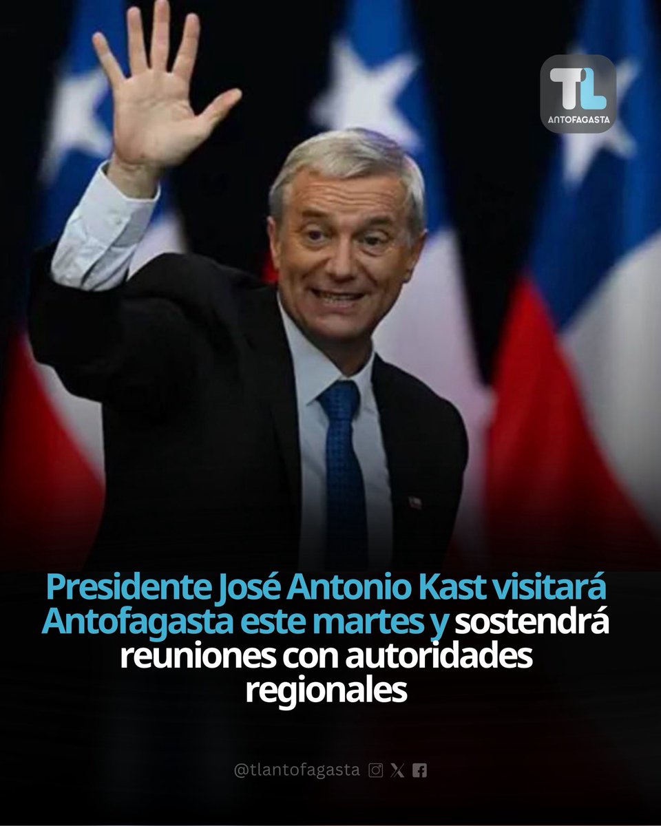 TLAntofagasta's tweet photo. #AlertaTL | Presidente José Antonio Kast visitará Antofagasta este martes y sostendrá reuniones con autoridades regionales
El Mandatario sostendrá encuentros con autoridades regionales en la Delegación Presidencial y visitará el Centro de Entrenamiento Industrial y Minero (CEIM), actividad tras la cual realizará declaraciones a la prensa antes de retornar a Santiago durante la tarde.
https://t.co/3uWPMwQQd4