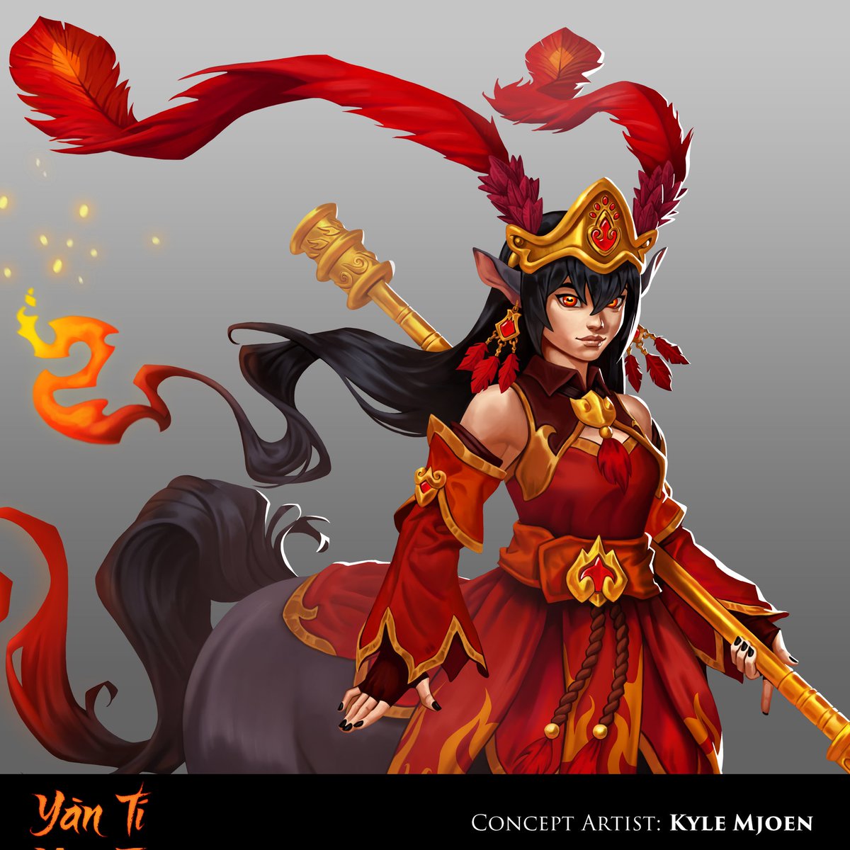 KyleMjoenArt's tweet image. Here's my first character for the year of the fire horse; Yàn Tí (Flaming Hoof). She's a pyromancer centaur adorned in Phoenix feathers and armed with an enchanted guandao🔥 
#characterdesign #conceptart #centaur #pyromancer #fantasyart #gameart #digitalart #yearofthefirehorse
