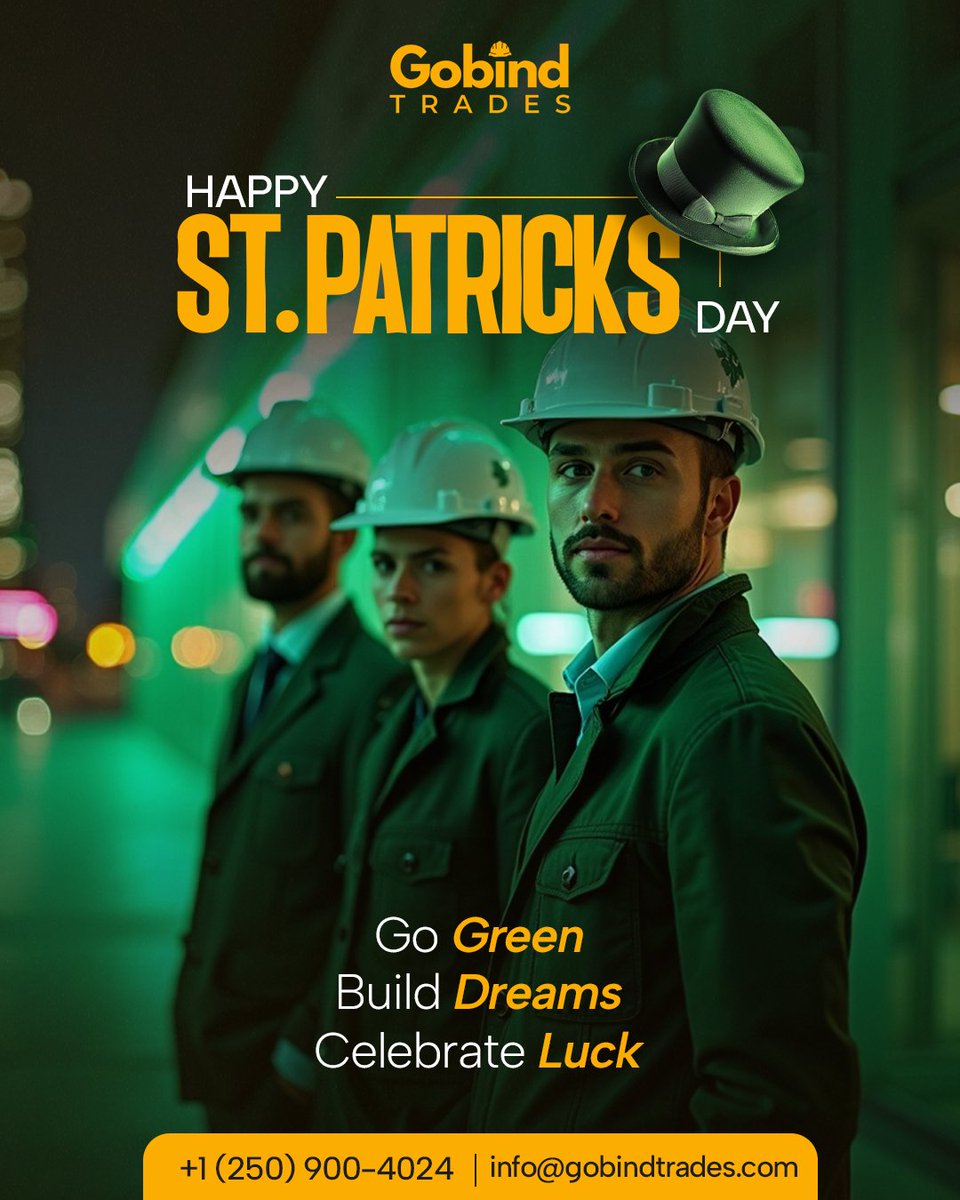 GobindTrades's tweet photo. Hard Hats, Green Hats, Happy St. Patrick’s Day from Gobind Trades.

This St. Patrick’s Day, we’re celebrating the magic of green, the power of dreams, and the luck that builds great things. 

#Gobind #GobindTrades #StPatricksDay #GoGreenBuildDreams #Construction #Canada https://t.co/guym1SHS2h