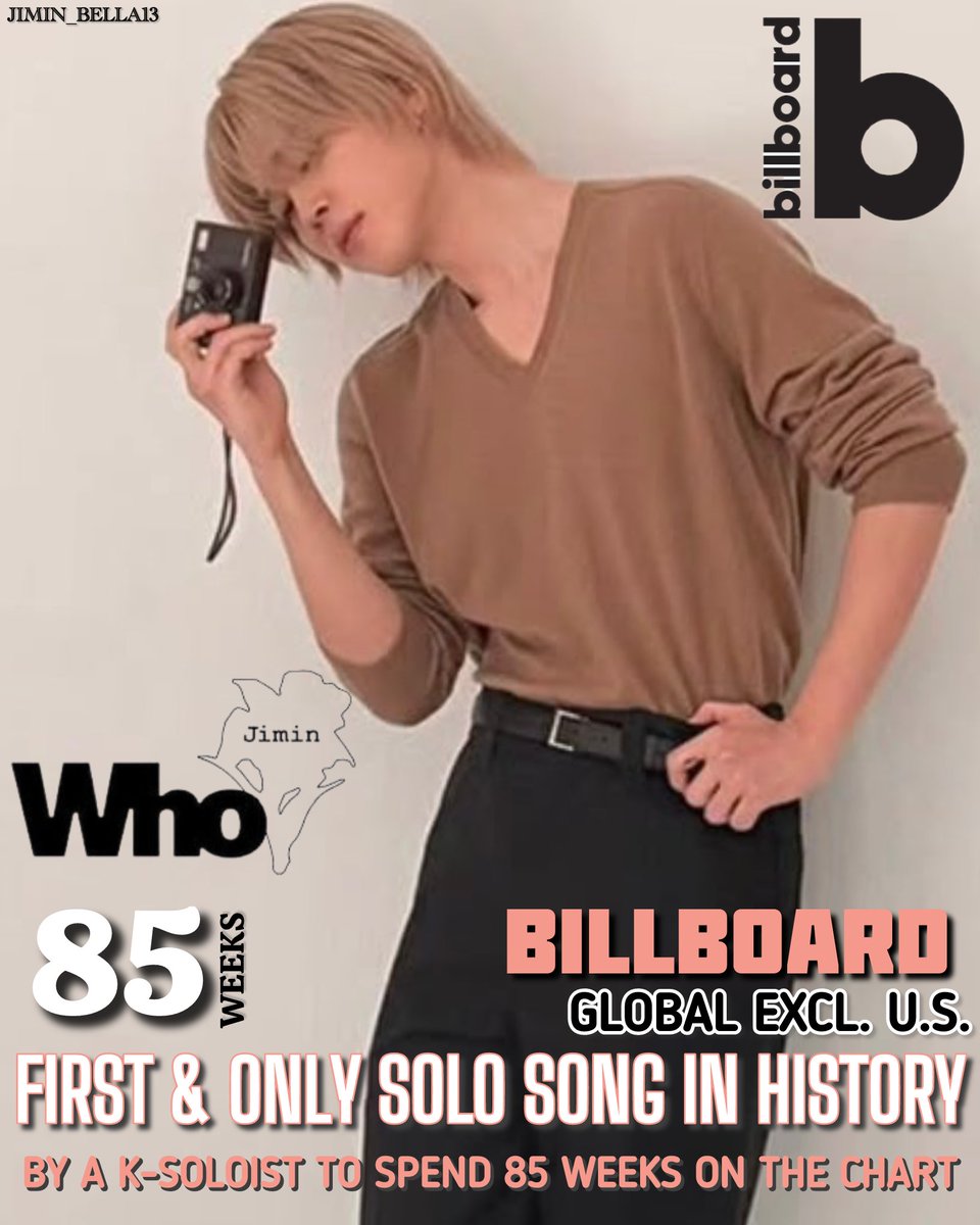 PamelaVilches8's tweet photo. 🔥🤯BILLBOARD KING👑 Jimin’s ‘Who’ is the FIRST & ONLY Solo Song in HISTORY by a K-Soloist to spend 85 weeks on the Billboard Global Excl. US Chart✨It’s also the 5th LONGEST‑charting song by a K‑act!

CONGRATULATIONS JIMIN 💛

HISTORY MAKER JIMIN
Jimin_Who JIMIN JIMIN
#방탄소년단지민 #지민
JIMIN IS COMING
WE LOVE YOU JIMIN
JIMIN X ARIRANG
JIMIN BURGUNDY VINYL
#BTSLiveonNetflix
#BTS_ARIRANG