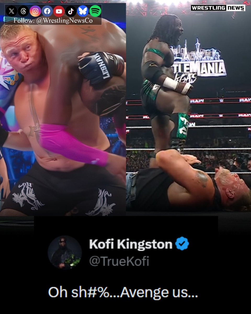 WrestlingNewsCo's tweet photo. LOL Kofi was happy to see Oba take out Brock. 😀

#WWERaw https://t.co/EdF9iILWF4