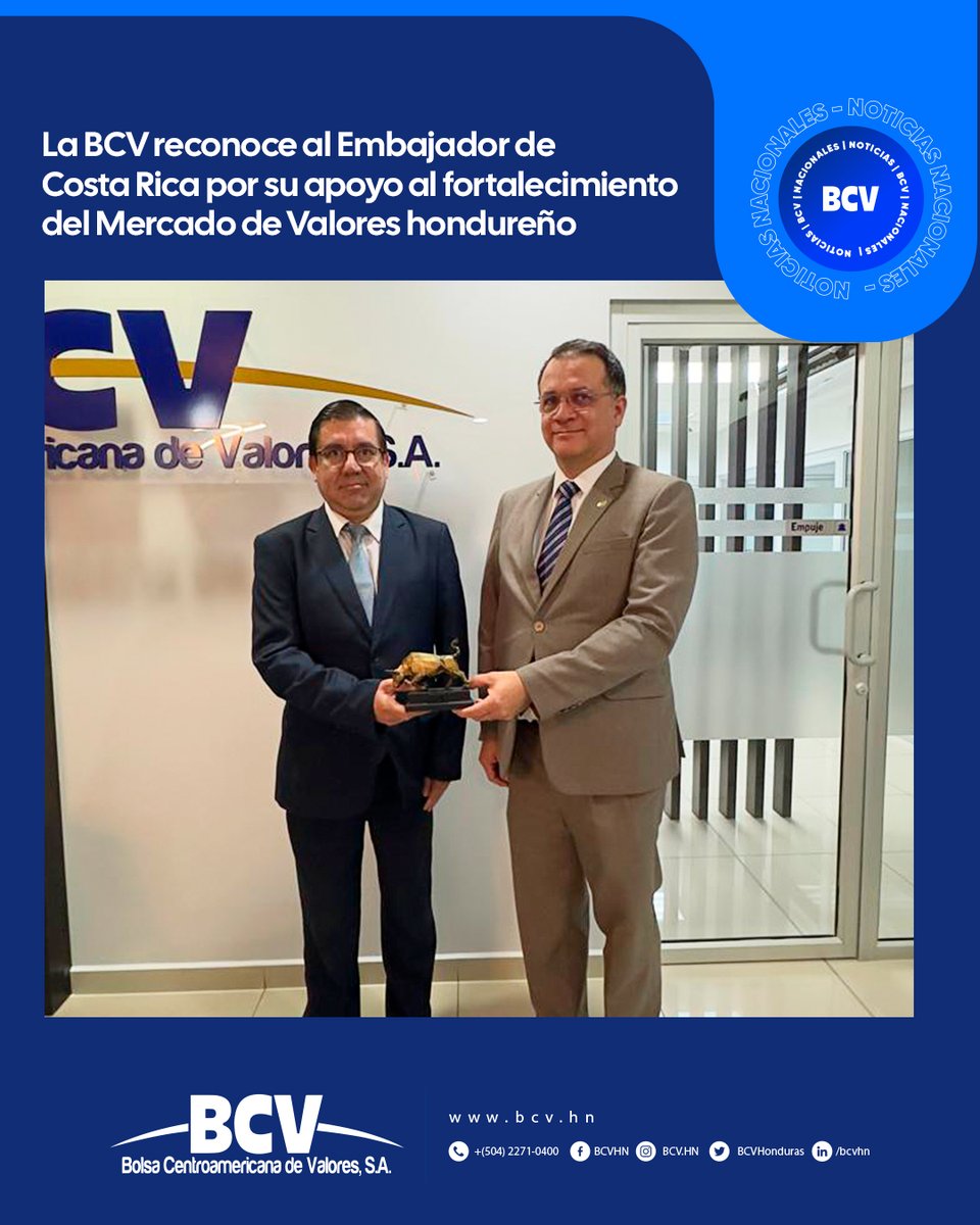 La BCV reconoció al Embajador de Costa Rica en Honduras, Charles Salvador Viale, por su apoyo al fortalecimiento del Mercado de Valores hondureño.
Durante la reunión también se abordaron proyectos de educación bursátil y el FIMVA 2026 en San Pedro Sula.
 tinyurl.com/2xw5v2mn