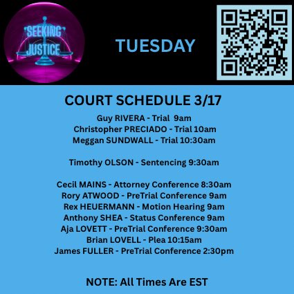 ⚖️Here is your court docket curated from the files in Seeking Justice of who is scheduled to appear in court tomorrow.
Find current documents &amp; media related information pertaining to these cases and MANY others by scanning the QR code for free access to our Discord!