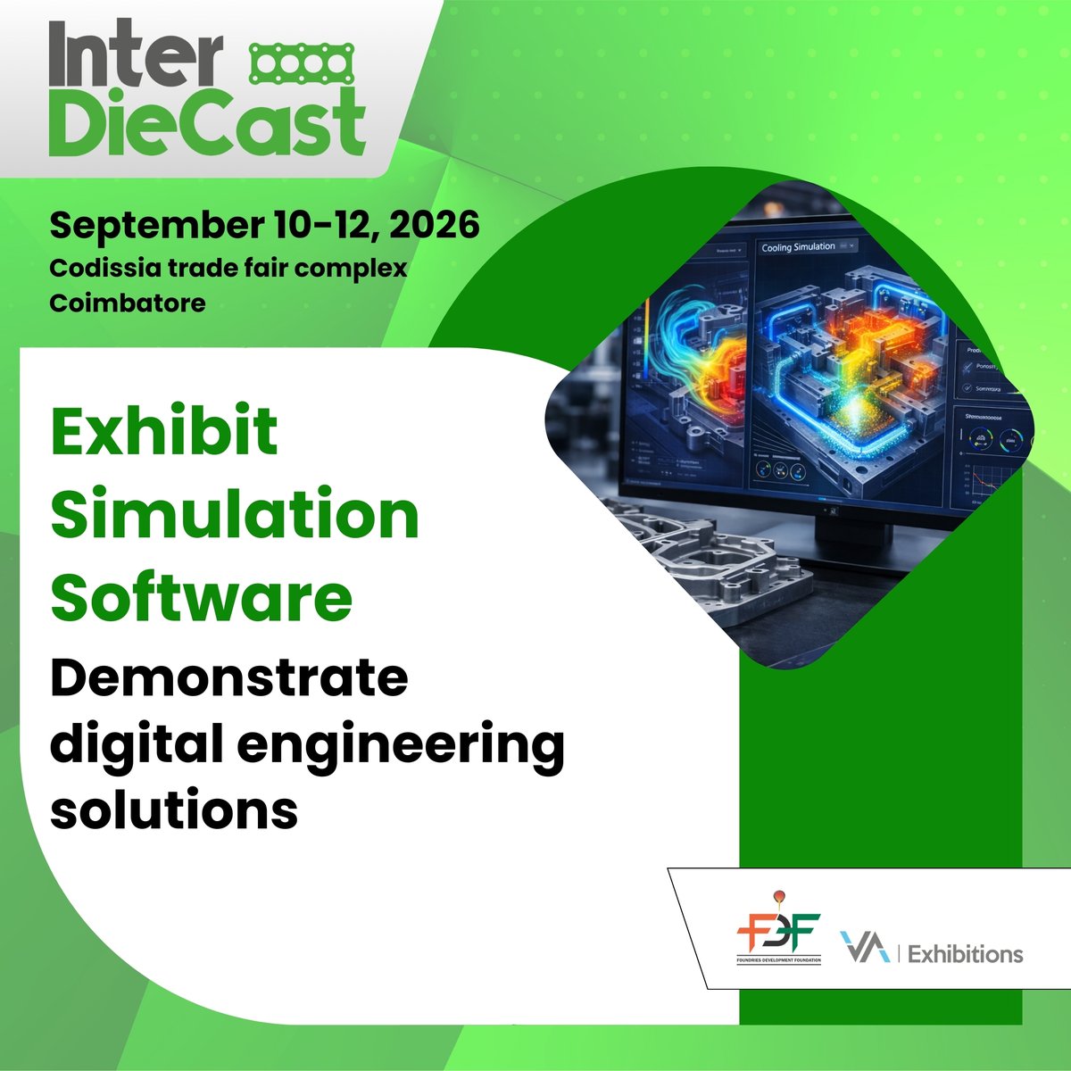interdiecast's tweet image. Simulation technology is transforming die casting design. 
#ExhibitWithUs
📅 Sept 10–12, 2026 📍 CODISSIA, Coimbatore
🔗 Book your stall: interdiecast.in/exhibitor-enqu…
📩 ja@vaexhibitions.com | 📞 +91 88016 02258
#CastingSimulation #DigitalDieCasting #InterDieCast2026