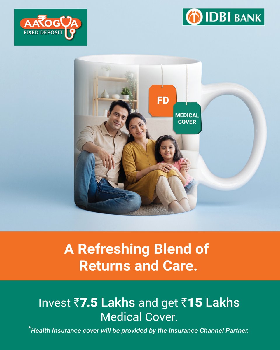 IDBI_Bank's tweet image. A refreshing blend of returns and care.

With AAROGYA Fixed Deposit, your savings don’t just grow they protect. Enjoy assured returns along with added medical cover designed to support your family’s well-being.

Financial comfort, thoughtfully crafted.

#IDBIBank #AarogyaFD