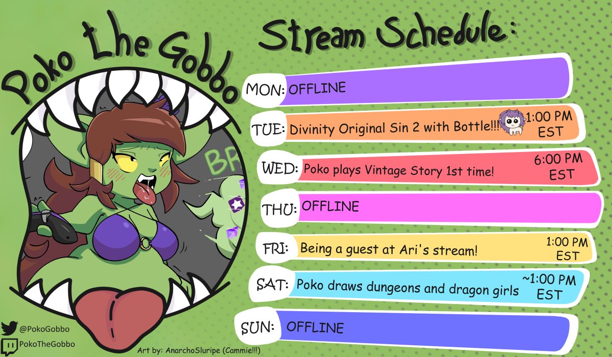 We got a schedule!
3 streams and one guest at <a href="/AraliaSolis/">Aralia Solis</a>'s steam Friday! We'll be yapping and I'll host a [Smash or Pass: Deadlock edition] for the witch.
Hope she won't turn me into a cookie this time ;~;