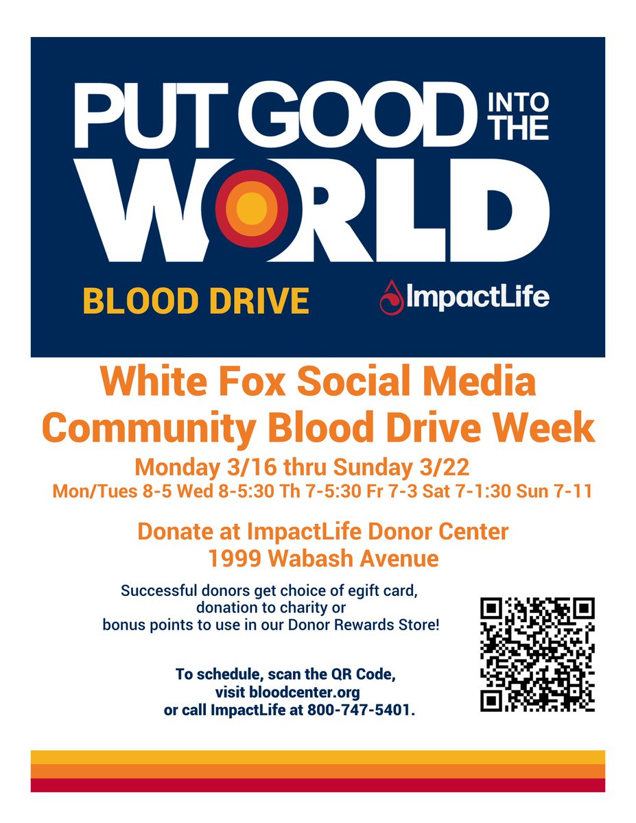 WhiteFoxMedia's tweet photo. White Fox Social Media is hosting a week-long Impact Life Blood Drive.
@WhiteFoxMedia https://t.co/d7vgow0ge2