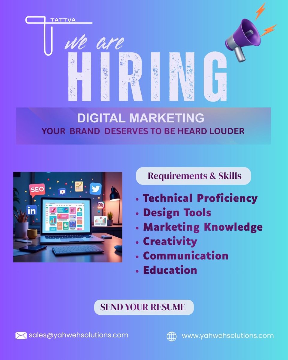 Tattvatechworkz's tweet photo. We are #HIRING! 📈🚀

Tattva is looking for a Digital Marketing Specialist! 
🔹 SEO / SEM &amp; Paid Ads 
🔹 Social Media Strategy 
🔹 Content Writing &amp; Copy 
🔹 Analytics &amp; Growth Tracking

Help us tell our story to the world. 🌍
 📩 Apply at: sales@yahwehsolutions.com https://t.co/3hJcfjxVta