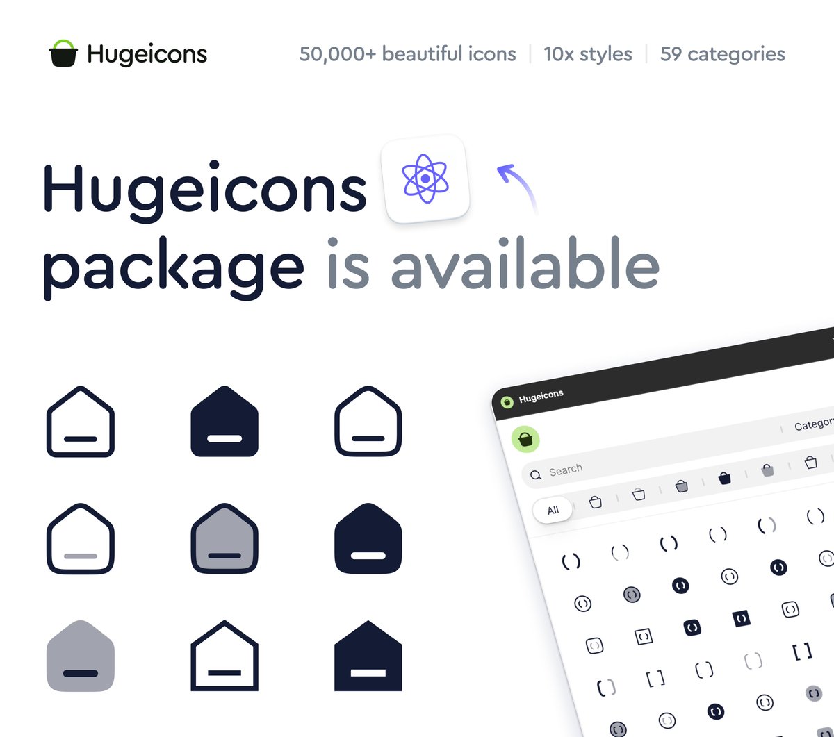 huge_icons's tweet photo. Fed up with react-icons? 
Try Hugeicons React.

50,000+ icons,
In 10 distinct styles, 
5,000+ open-source icons, MIT licensed

The ultimate icon solution for your React projects. https://t.co/AC8QpdU8vm