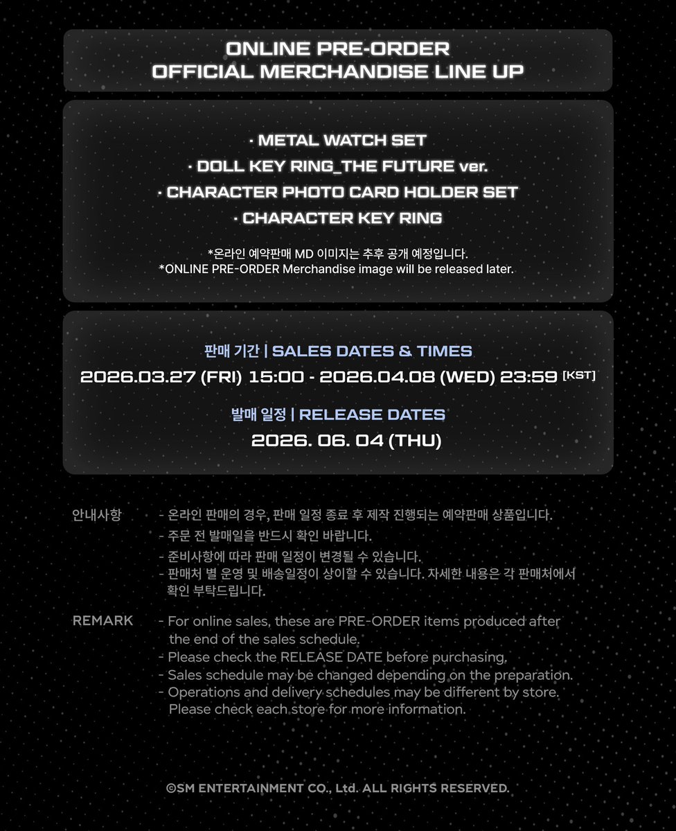 2026 NCT DREAM TOUR <THE DREAM SHOW 4 : FUTURE THE DREAM> FINALE
OFFICIAL MERCHANDISE SALES NOTICE

▶ ON-SITE BOOTH SALES DATES
03.20 (FRI) &amp; 03.27 (FRI) 14:00 - 19:00 [KST]
03.21 (SAT) &amp; 03.28 (SAT) 12:00 - 17:00 [KST]
03.22 (SUN) &amp; 03.29 (SUN) 11:00 - 16:00 [KST]

#NCTDREAM