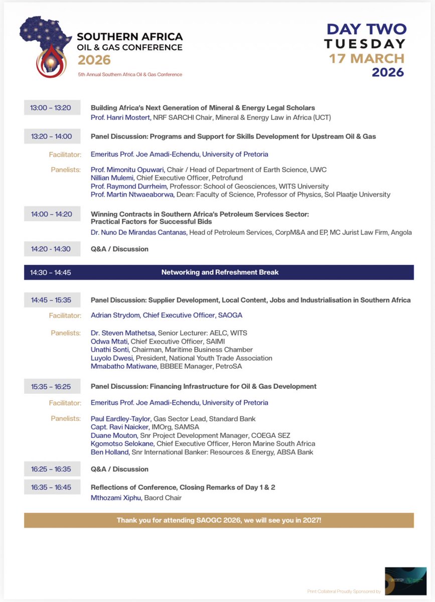 Day one was nothing short of amazing. Today is the second and final day of the 
South African Gas &amp; Oil Conference &amp; here’s what today’s programme looks like
#SAOGC2026 #UpstreamOilAndGas