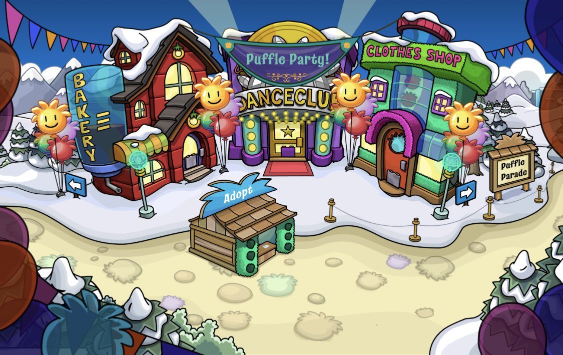 ThatPenguinGame's tweet photo. 10 years ago today, the 2016 Puffle Party started. Penguins could adopt all existing Puffles and collect themed items based on each one. Members could even transform into any Puffle. This was the final Puffle Party to take place on Club Penguin. https://t.co/iLvNkRVh5h