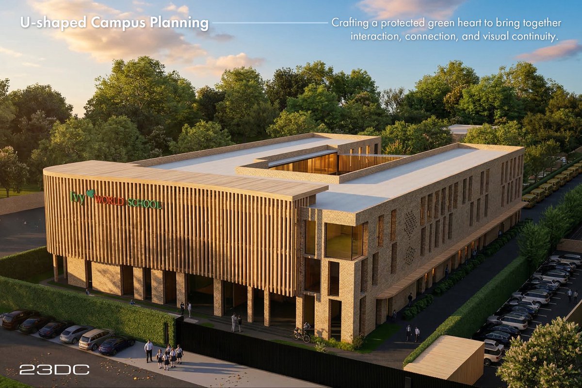 23DC_Architects's tweet photo. IVY World School by @23DC_Architects reimagines school architecture in Punjab as a calm, future ready campus where brick, landscape, light, and learning come together to shape everyday student life. 
#23DCArchitects #SchoolArchitecture #Educationalcampus https://t.co/iOebuhoKv1