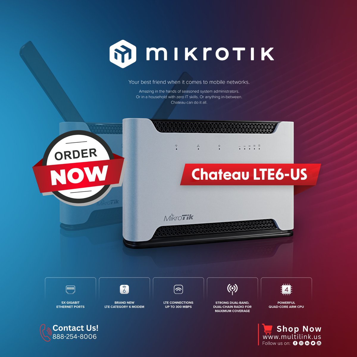 MultilinkUSA's tweet photo. 𝐌𝐢𝐤𝐫𝐨𝐭𝐢𝐤 𝐂𝐡𝐚𝐭𝐞𝐚𝐮 𝐋𝐓𝐄𝟔-𝐔𝐒𝐂𝐡𝐚𝐭𝐞𝐚𝐮 𝐋𝐓𝐄𝟔-𝐔𝐒 US carrier-certified (AT&amp;T, T-Mobile) home access point with LTE6 support for speeds up to 300 Mbps. With 5x Gigabit Ethernet ports, a powerful quad-core CPU
📦 Order Now 👉https://t.co/nUaRESl5Pu https://t.co/RZ69K46no7