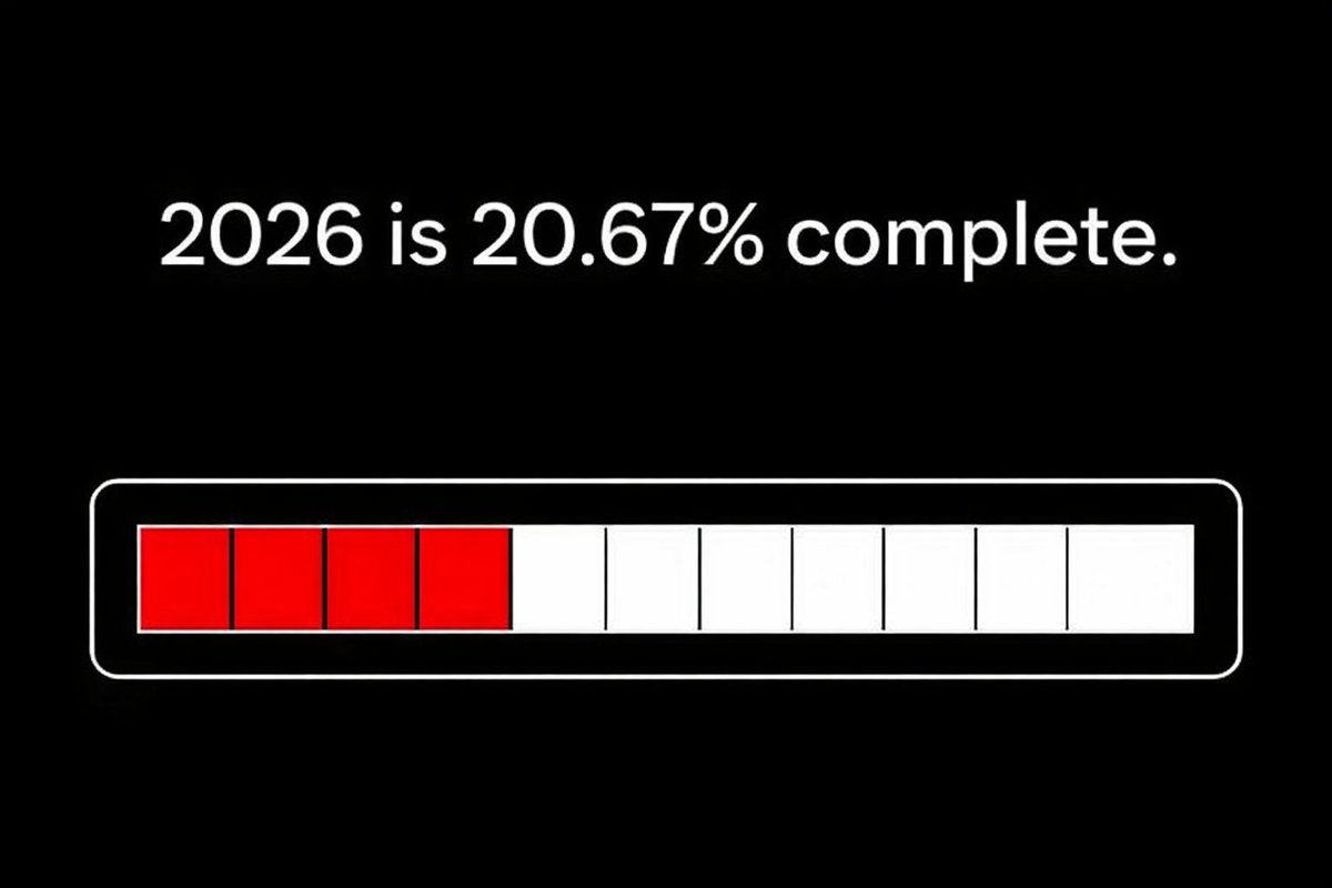MAbdullah32885's tweet photo. 2026 is 20.67% complete. If you haven’t started, you’re already behind.” 

🟥⬜⬜⬜⬜ 

#ProgressCheck #TimeFlies #2026Goals https://t.co/9jl7ktbHPf