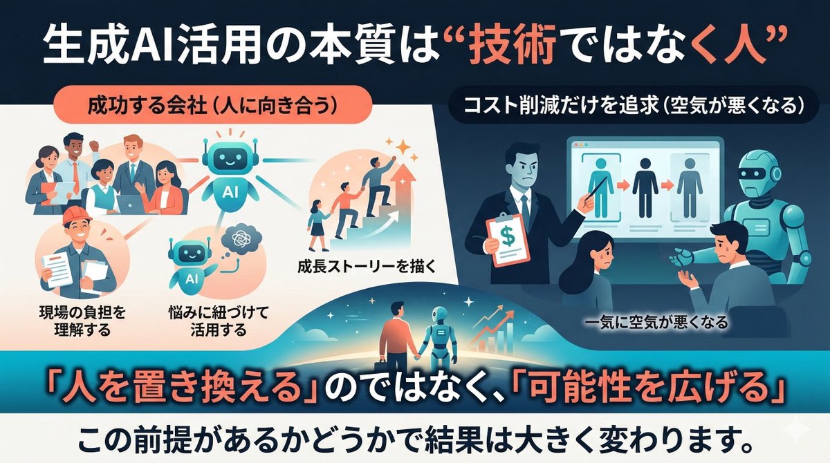 生成AI活用の本質は“技術ではなく人”

生成AI活用がうまくいく会社は、共通点があります。

それは「人に向き合っている」こと。

・現場の負担を理解する
・悩みに紐づけて活用する
・成長ストーリーを描く

逆にコスト削減だけを前面に出すと一気に空気が悪くなります。