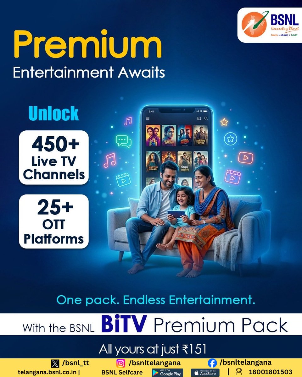 bsnl_tt's tweet photo. The ultimate entertainment pack! 🎬📺

Enjoy 450+ Live TV channels and 25+ OTT platforms for just ₹151 💥

Now every screen becomes an entertainment hub with BSNL BiTV Premium Pack.

#BSNL #BiTV #PremiumEntertainment #OTT https://t.co/WQlhCDjE7Z