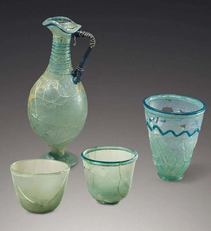 Glassware found in a 5th century AD royal tomb in South Korea. The glass was made in Rome.