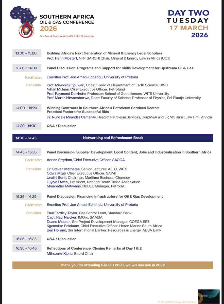 Last day of the conference and the most important panel discussion kick start today. 

Take a look at the programme and see what to look forward to for the day. 

#SAOGC2026 #UpstreamOilAndGas