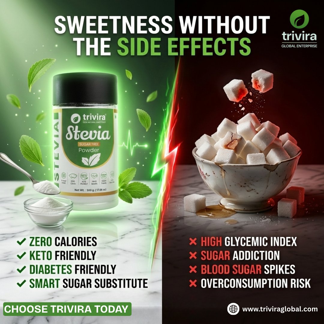 TriviraGlobal's tweet photo. Upgrade your sweetness with a smarter choice 💚
No crashes. No guilt. Just pure sweetness 🌿
👉 Make the switch today and feel the difference
Order now! ✨
📞 94261 11444. 
🌐 https://t.co/97QdaF2UL8
#TriviraGlobal #SteviaPowder #SugarFreeLife #SteviaSweetener #HealthySweetener https://t.co/54QUBIniTh