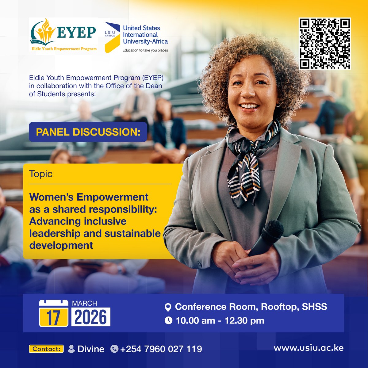 ExperienceUSIU's tweet image. Join us for a Panel Discussion on "Women Empowerment as a shared responsibility: Advancing inclusive leadership and sustainable development".

📅 Date: Tuesday, March 17, 2026
⏰ Time: 10:00am - 12.30pm
📍 Venue: Conference Room, Rooftop, SHSS

#InternationalWomensDay #IWD