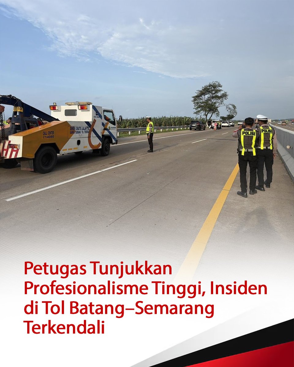 IsuUtama's tweet photo. Petugas lakukan pengamanan dan pengaturan lalin pasca kecelakaan di Tol Batang Semarang

#KorlantasPolri #OpsKetupat2026 https://t.co/p0BffvQonr
