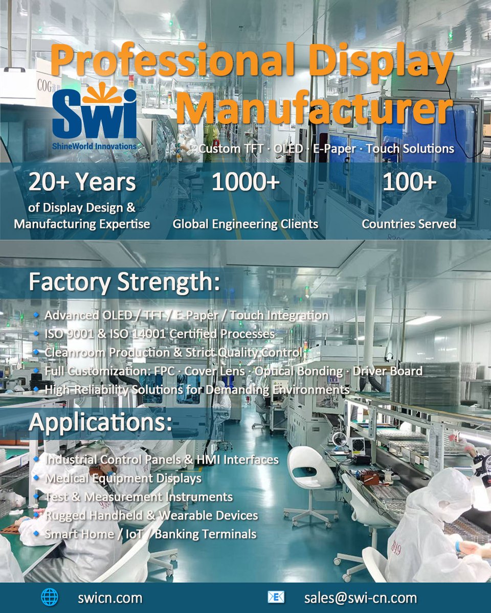SWI_Display's tweet image. At Shineworld Innovations (SWI), we specialize in custom TFT, OLED, E-Paper, and touch-integrated display solutions engineered for demanding applications
🌐 swicn.com
📧 sales@swi-cn.com
🔗 shineworld.en.alibaba.com
#DisplayTechnology #CustomDisplays