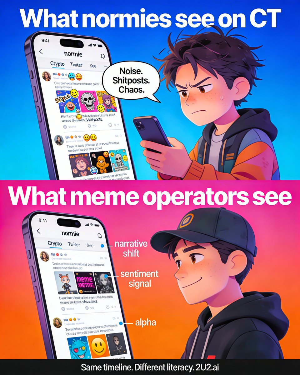 What normies see on #Crypto Twitter:
"Noise, shitposts, chaos."

What #meme operators see:
"Narrative shifts, sentiment signals, alpha."

Same timeline. Different literacy.

Become fluent 👉 2U2.ai #2U2ai