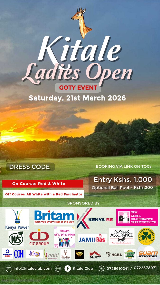 KITALECLUB's tweet photo. Lady Golfers, It’s Your Time to Shine!

You’re warmly invited to the much-anticipated Kitale Ladies Open Golf Tournament — a spectacular event proudly backed by great sponsors and packed with fantastic prizes to be won! 🎁🏌️‍♀️

Bring your A-game, enjoy a day of great golf &amp; fun! https://t.co/RoF4sI79kC