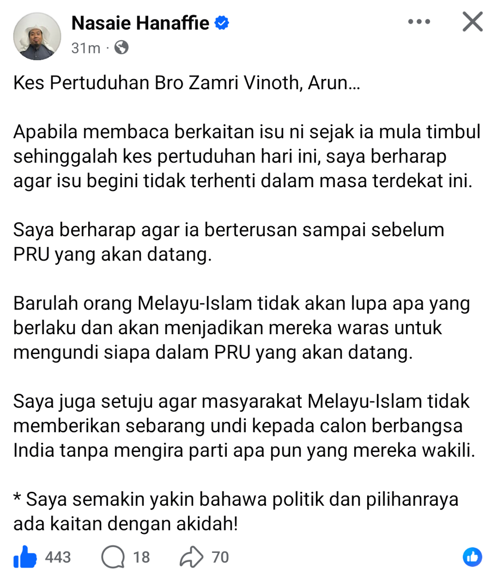 ZacZakirin13's tweet photo. Maulana Nasaie jarang nak comment psl politik, kali ni dia bagi terus cadangan untuk tidak memberikan sebarang undi kepada calon berbangsa India.

Aku separa setuju.

For me, tak akan memberi sebarang undi kepada calon yg bersekongkol membela pencerobohan kuil haram. https://t.co/awoRVABuRM