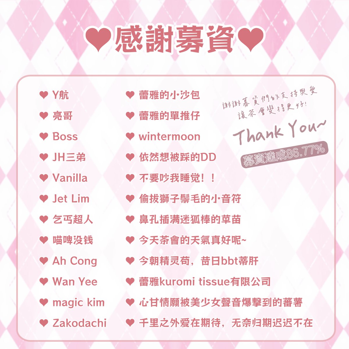 🩷——感謝募資——🩷

延續上一屆茶會的圓滿成功，
本次我們收到了來自許多夥伴主動的募資支持，讓 V Maid Cafe 得以更從容地籌備場地與活動內容，整體也迎來了全面升級。
這份支持，不僅讓我們感受到滿滿的溫暖與信任，
更讓我們看見了彼此之間珍貴的羈絆與連結。

在此，誠摯感謝所有募資夥伴的參與 🥰