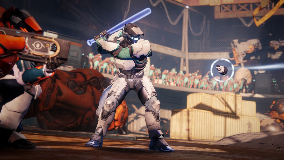 A Guardian wearing white and cyan armor holding a baseball bat made of light prepares to take a swing at an oncoming Arc grenade as a crowd of Eliksni watch in the background.