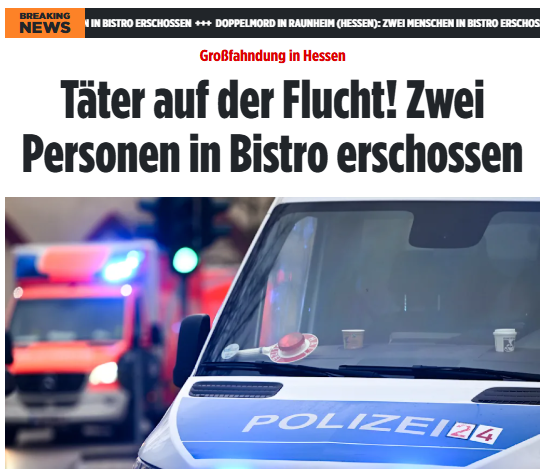 Taykra's tweet photo. Großeinsatz in #Raunheim: In der Kleinstadt ist es in der Nacht zu einem Doppelmord gekommen. Der Täter ist flüchtig. Eine bewaffnete Person soll gegen 03.45 Uhr die Lokalität betreten und auf 2 Personen geschossen haben. Beide erlagen ihren Verletzungen. https://t.co/kaV3Vs4PW5 https://t.co/GqCdkkGWOA