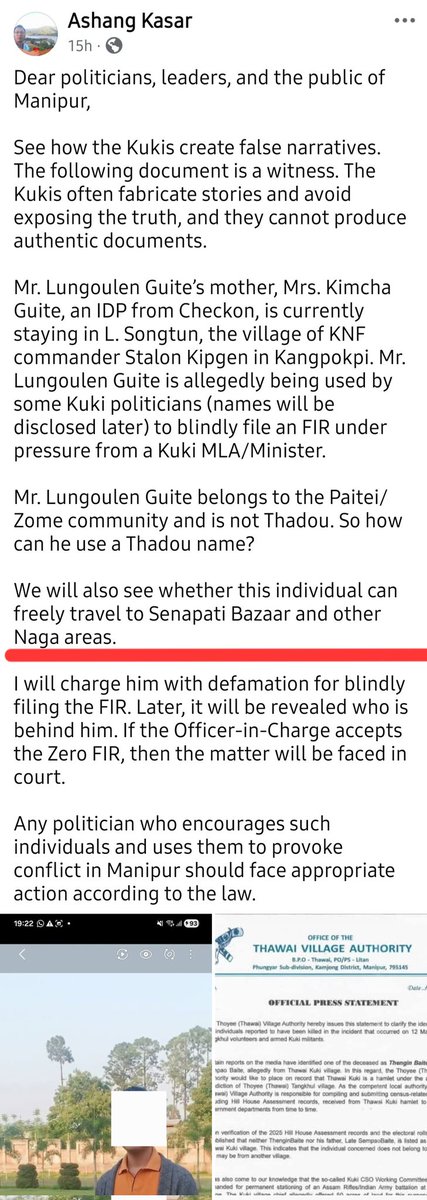 📢 After an FIR was duly filed against <a href="/ashang_kasar/">Kasar Ashang</a> under BNS Sections 196 &amp; 353 for deliberately promoting enmity, stoking hatred b/w communities &amp; spreading poisonous lies about the cold-blooded murder of 2 Kukis by Tangkhul Terrorists, the response from certain Tangkhul