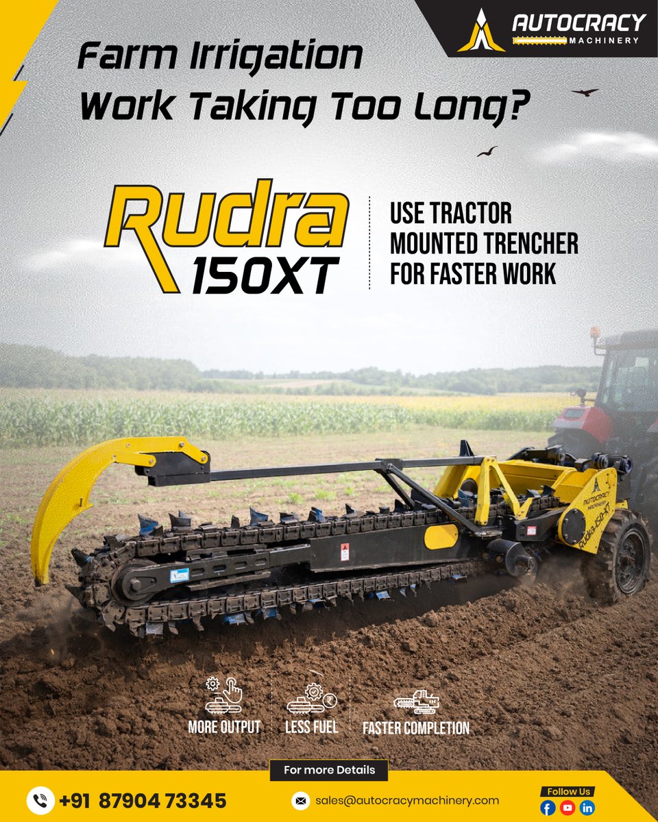 aceautocracy's tweet image. Rudra 150XT – Tractor Mounted Trencher
✔ Faster trenching for irrigation pipelines
✔ Saves fuel &amp;amp; labour cost
✔ Uniform, precise trenches every time

Connect With Us:
🌐 Website: zurl.co/pjxgX
📞 Contact Us: +91 8790473345
 
#AutocracyMachinery #Trencher