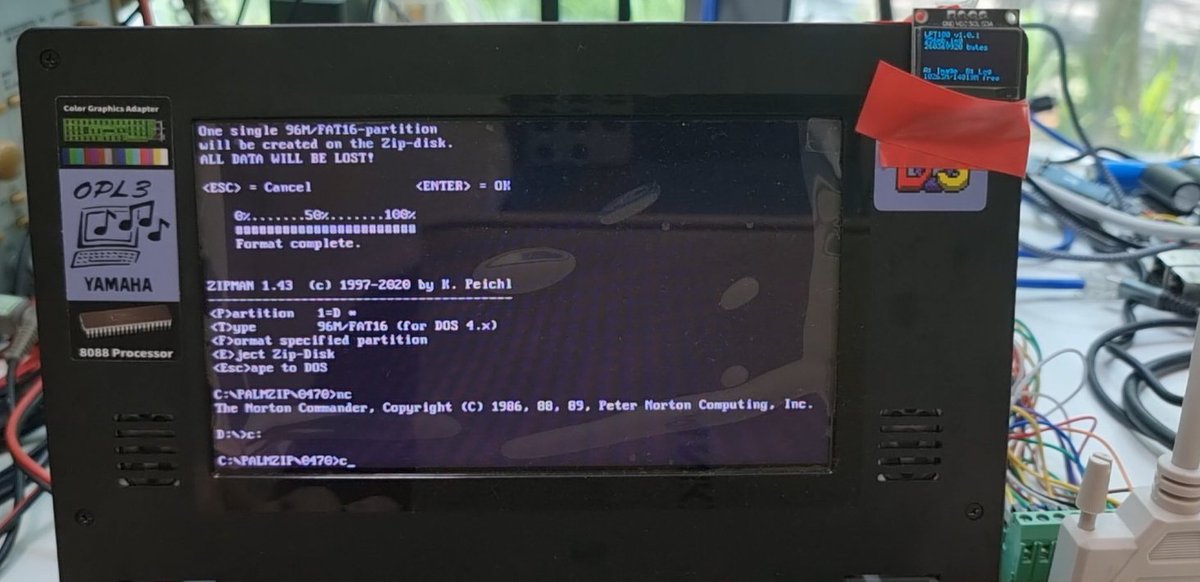 mrtoughdev's tweet photo. I built an Iomega ZIP100 parallel port emulator using the PIC32MZ EF Starter Kit. Disk images (up to 1GB) are stored on USB. Speed around 6-7KB/s on Book 8088. Tested on DOSBox/QEMU up to Windows XP. Demo: https://t.co/hAyJJjuTby . Read more: https://t.co/b1g1LB2O22 https://t.co/kkiEOcgUE5