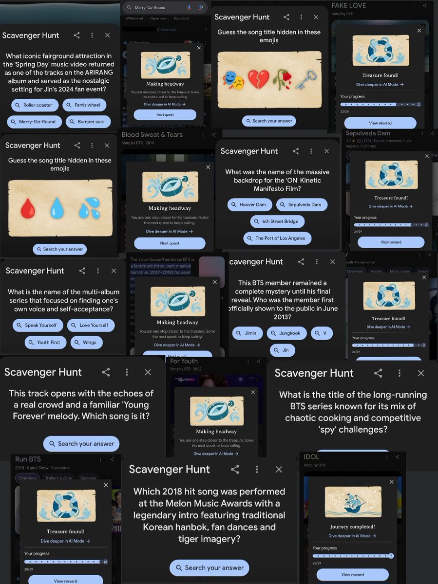 7btsfilmout's tweet photo. I completed all quests on the #BTSxGoogle scavenger hunt. This time I got;
-Merry go-round in 'Spring Day'
-'Fake Love'
-Blood, Sweat & Tears
-Sepulveda Dam
-The Love 'Yourself' series
-V
-'For Youth'
-Run BTS Episodes
-IDOL
*Google on ig stories shared clips of Old paper on the beach with different handwritings as asked ARMYs to guess who we think wrote the word "BTS".
Then the link at on the last story leads to the scavenger hunt.
🔗https://t.co/U0MerqgZS1
#ARIRANGISCOMING
#BTS_ARIRANG
#BTS #방탄소년단 #아포방포 #아미